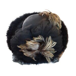 Ms. Purdy Vintage Womens Renaissance Hat Brooch Red Lining Feathers Black